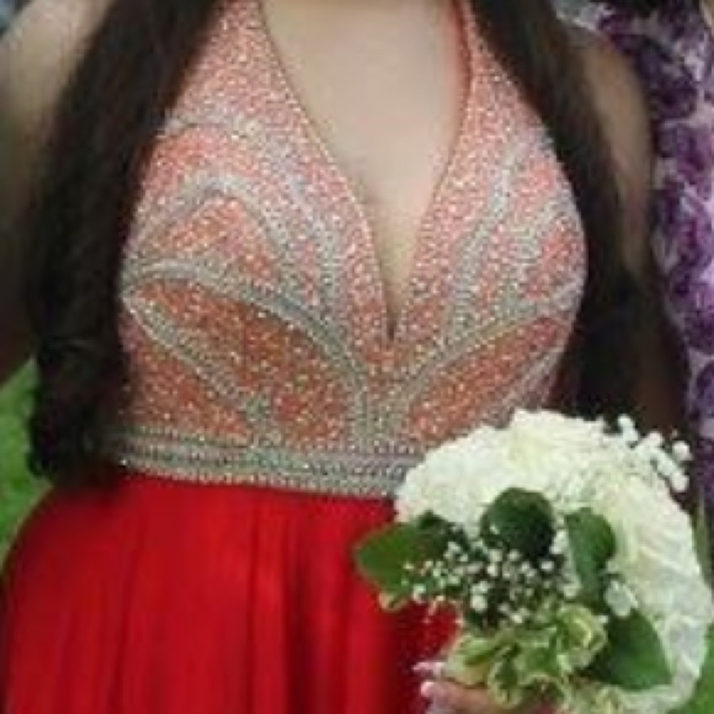 TIFFANY GOWN RED HALTER DRESS WITH BEADING SIZE 8